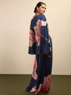 Navy Floral Twist Front Long Sleeve Satin Maxi Dress
