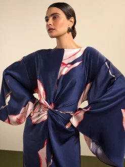 Navy Floral Twist Front Long Sleeve Satin Maxi Dress