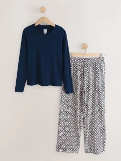 Navy Geo Ribbed Long Sleeve Pyjamas