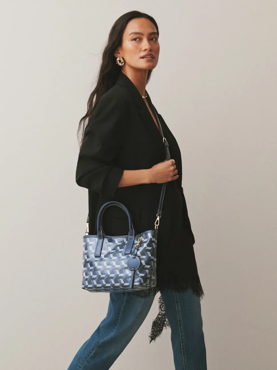 Navy Geometric Print Cross-Body Bag