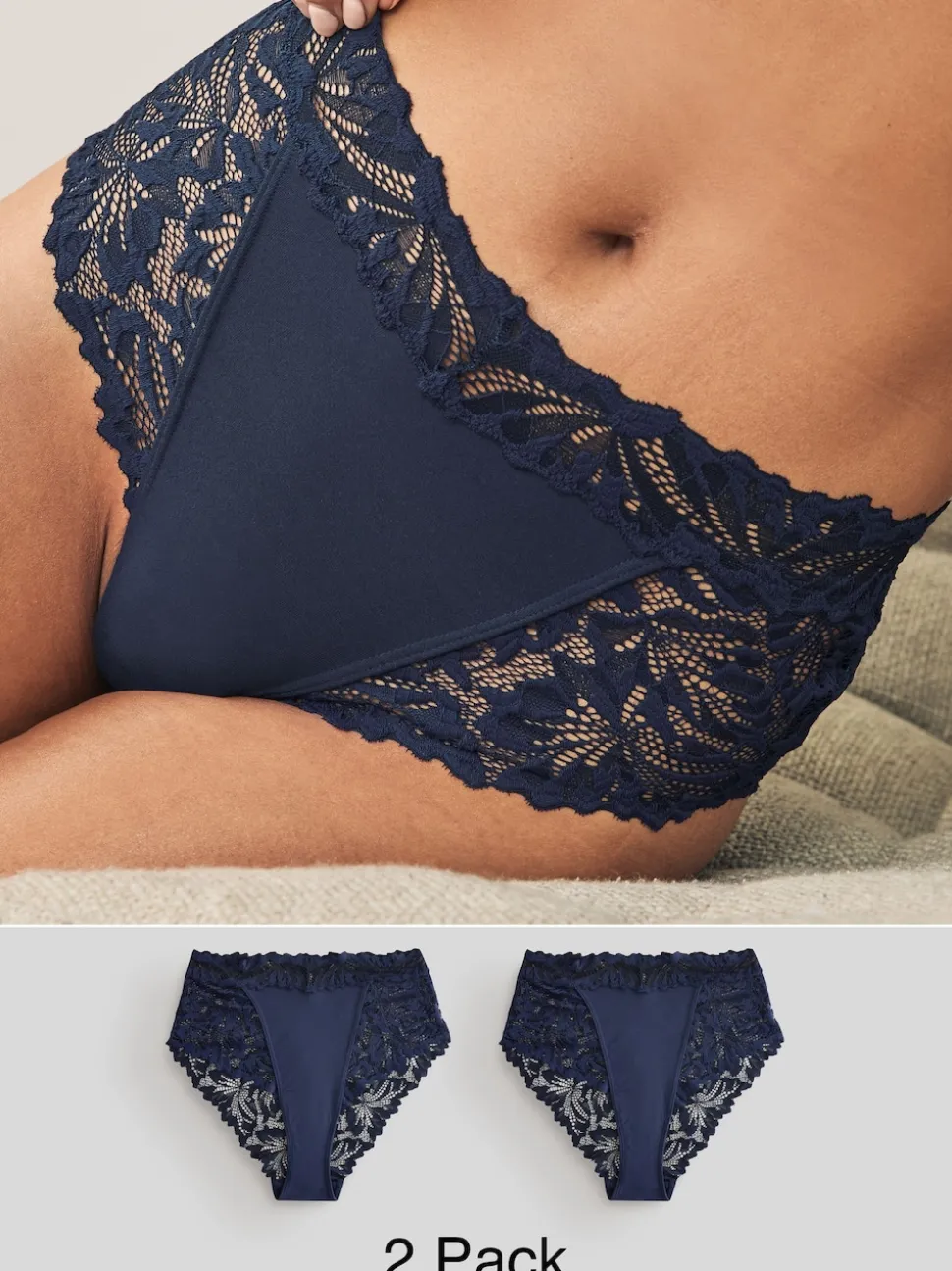 Navy High Waist High Leg Ultimate Comfort Lace Knickers 2 Pack