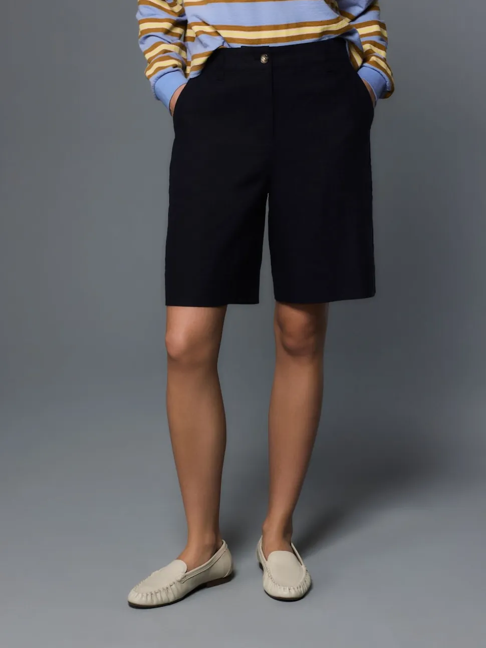 Navy Linen Blend Knee Shorts