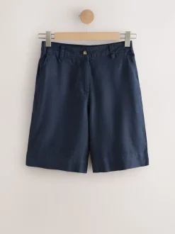 Navy Linen Blend Knee Shorts