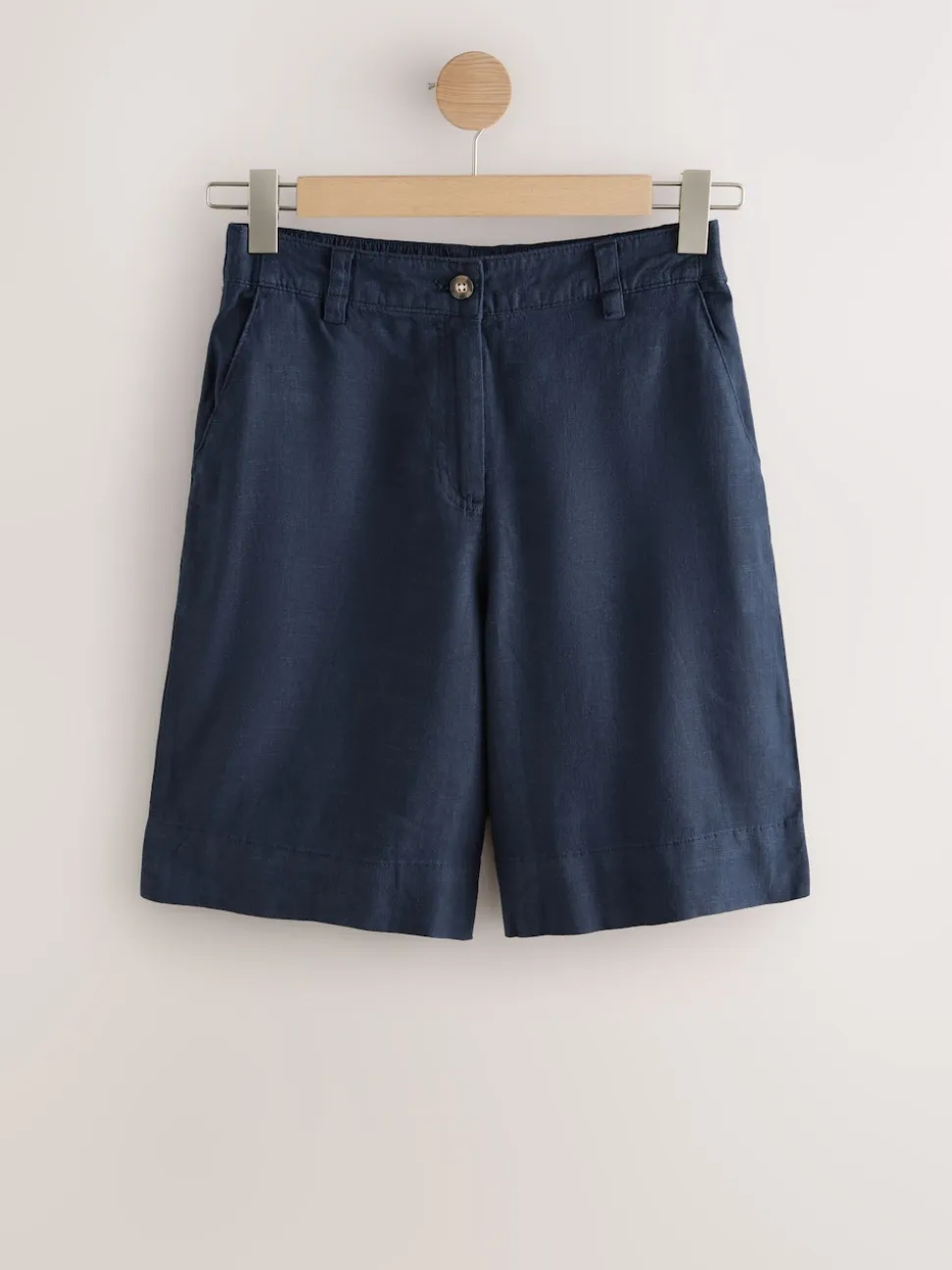 Navy Linen Blend Knee Shorts