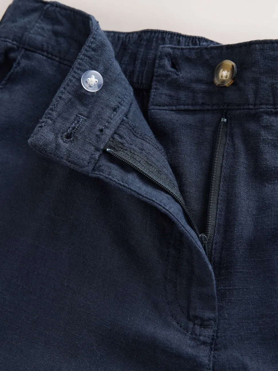 Navy Linen Blend Knee Shorts