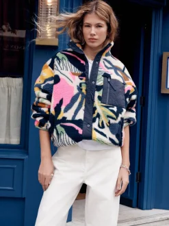 Navy Multi Graphic Floral Button Through Borg Jacket