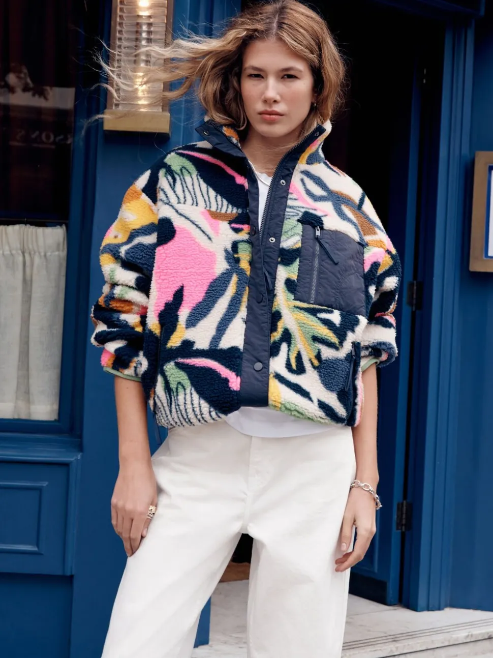 Navy Multi Graphic Floral Button Through Borg Jacket