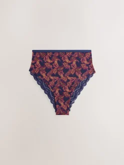 Navy Paisley High Rise High Leg Cotton Lace Knickers 4 Pack