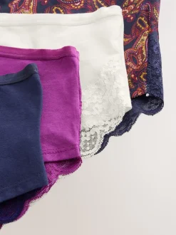 Navy Paisley High Rise High Leg Cotton Lace Knickers 4 Pack