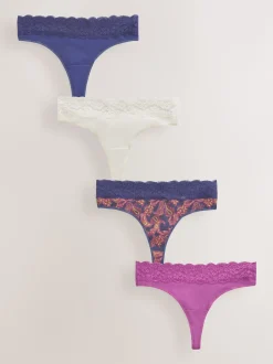Navy Paisley Thong Cotton Lace Knickers 4 Pack