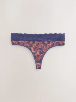 Navy Paisley Thong Cotton Lace Knickers 4 Pack