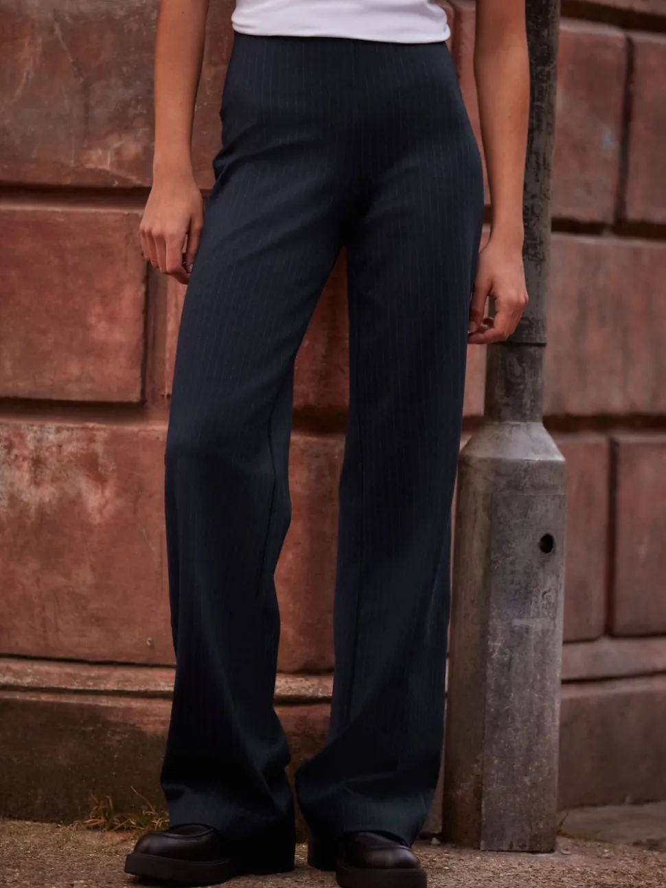 Navy Pinstripe Smoothing Ponte Jersey Wide Leg Trousers