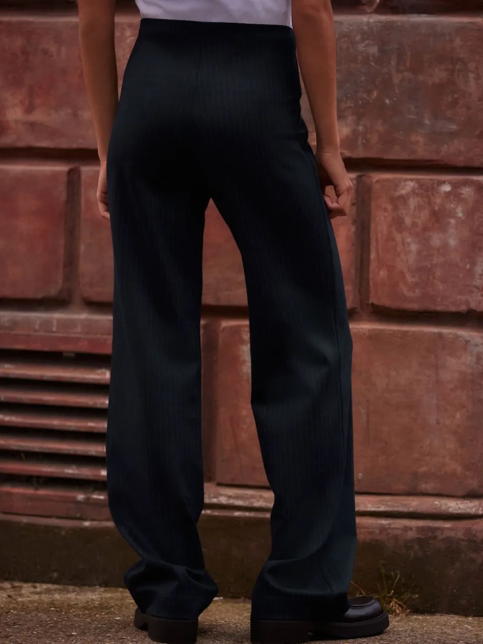 Navy Pinstripe Smoothing Ponte Jersey Wide Leg Trousers