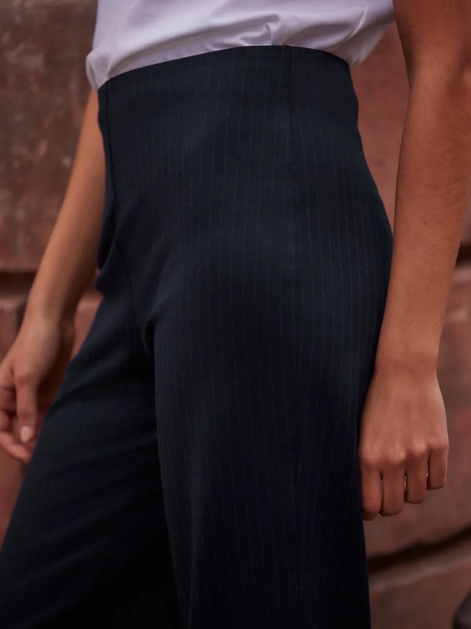 Navy Pinstripe Smoothing Ponte Jersey Wide Leg Trousers