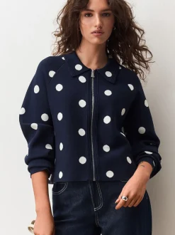 Navy Polka Dot Smart Knit Collared Zip-Up Jacket