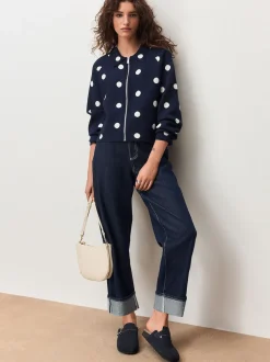 Navy Polka Dot Smart Knit Collared Zip-Up Jacket