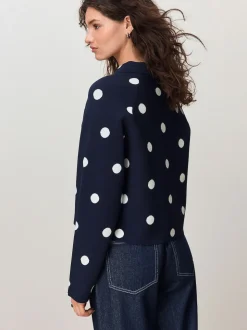 Navy Polka Dot Smart Knit Collared Zip-Up Jacket