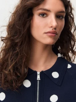 Navy Polka Dot Smart Knit Collared Zip-Up Jacket