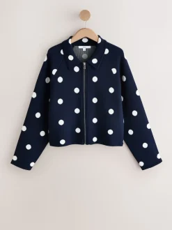 Navy Polka Dot Smart Knit Collared Zip-Up Jacket