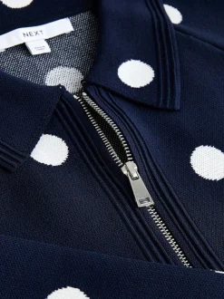 Navy Polka Dot Smart Knit Collared Zip-Up Jacket