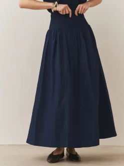 Navy Shirred Maxi Skirt