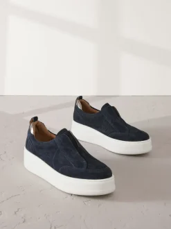 Navy Slip On Signature Leather Chunky Wedge Platform Trainers