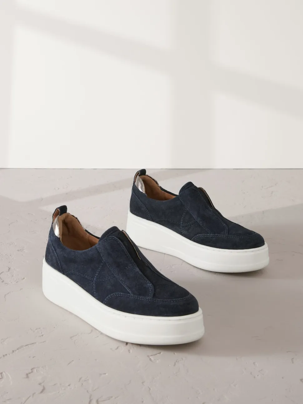 Navy Slip On Signature Leather Chunky Wedge Platform Trainers