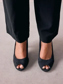 Navy Suede Premium Leather Peep Toe Heels