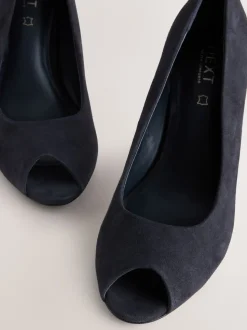 Navy Suede Premium Leather Peep Toe Heels