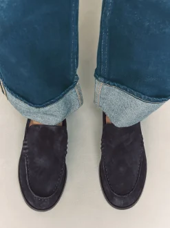 Navy Suede Round Toe Clean Loafers