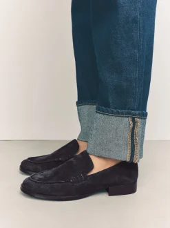 Navy Suede Round Toe Clean Loafers