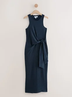 Navy Textured Jersey Tie Waist Maxi Dress