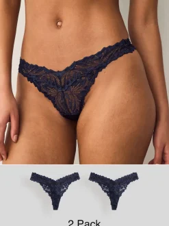 Navy Thong Ultimate Comfort Lace Knickers 2 Pack