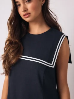 Navy with Ecru Tipping Sailor Collar Mini Dress with Linen