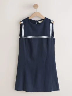 Navy with Ecru Tipping Sailor Collar Mini Dress with Linen