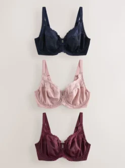 Navy/Berry/Pink DD+ Lace Trim Non Pad Full Cup Underwired Bras 3 Pack