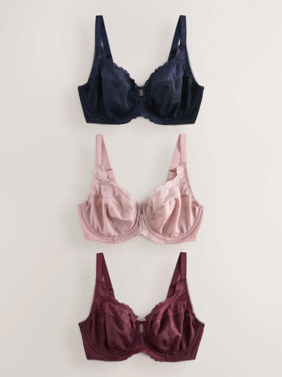 Navy/Berry/Pink DD+ Lace Trim Non Pad Full Cup Underwired Bras 3 Pack