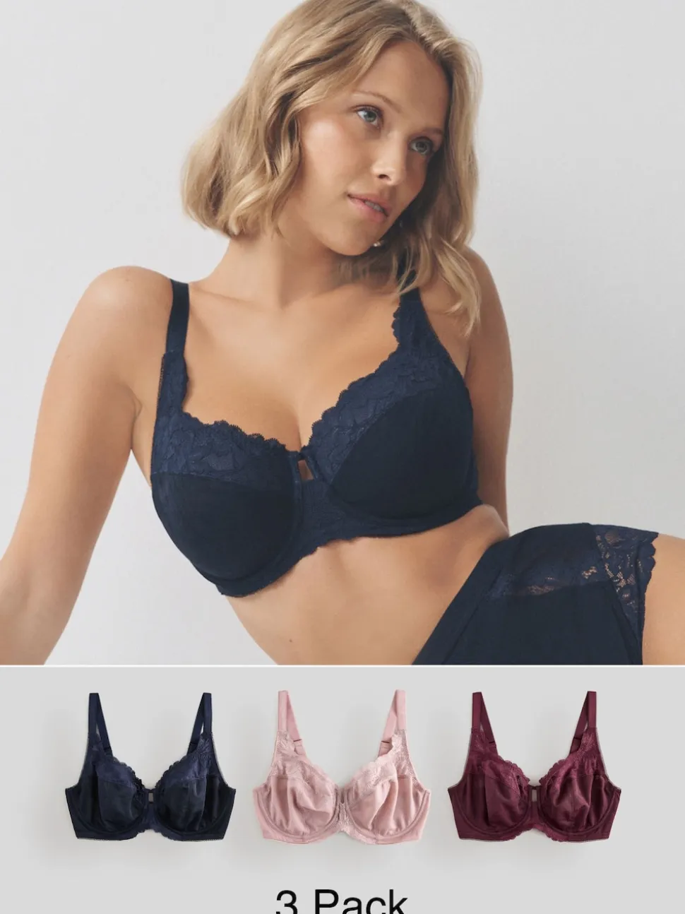Navy/Berry/Pink DD+ Lace Trim Non Pad Full Cup Underwired Bras 3 Pack
