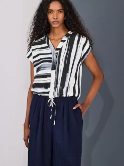 Navy/Black/White V-Neck Short Sleeved Tie Waist Top