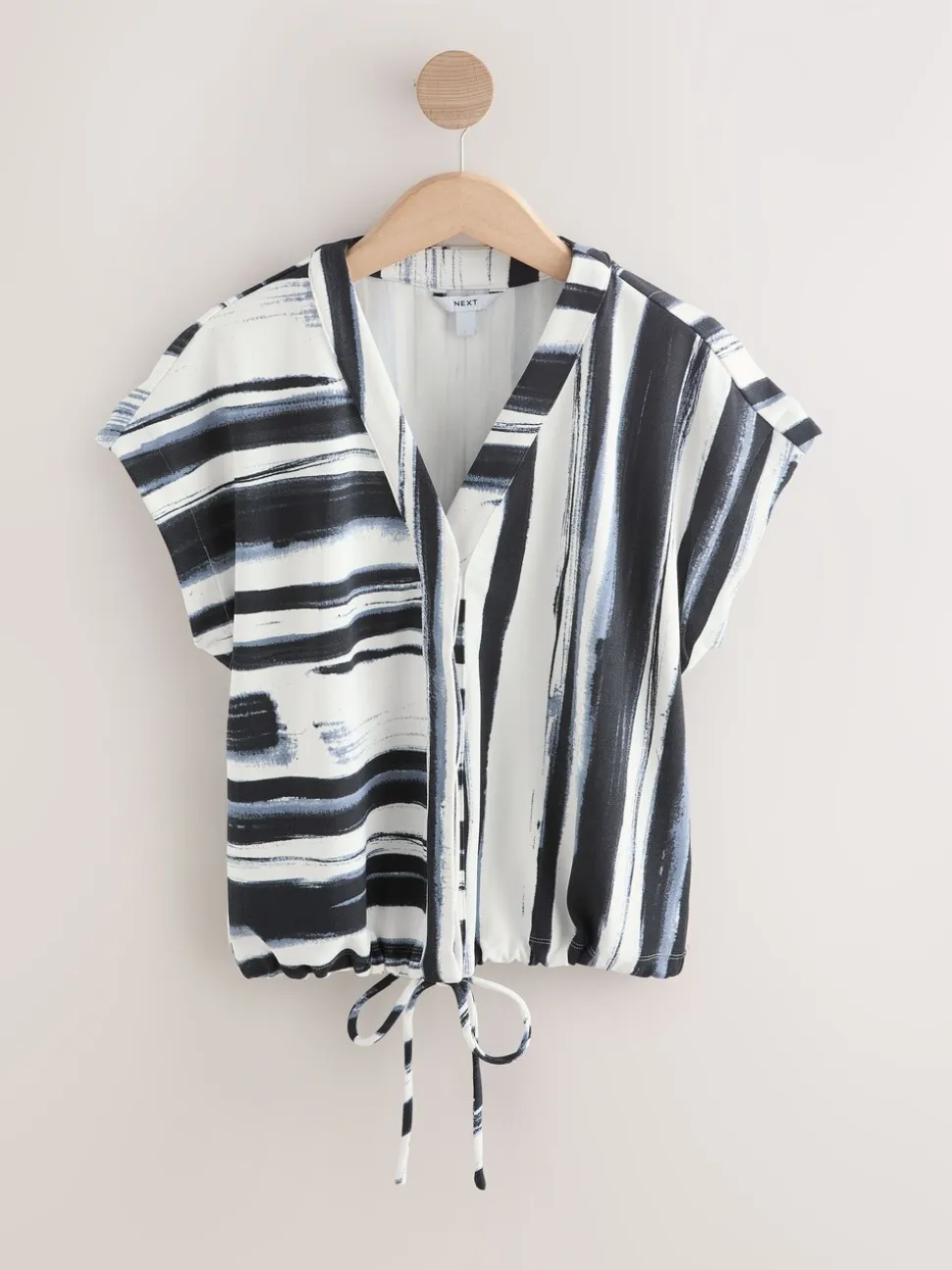 Navy/Black/White V-Neck Short Sleeved Tie Waist Top