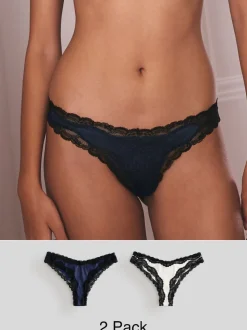 Navy/Champagne High Shine & Lace Trim Brazilian Knickers 2 Pack