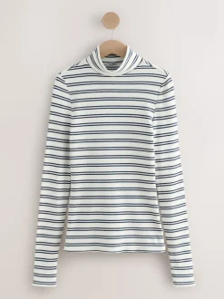 Navy/Cream Stripe Thermal Maximum Warmth Cosy Ribbed Roll Neck Top