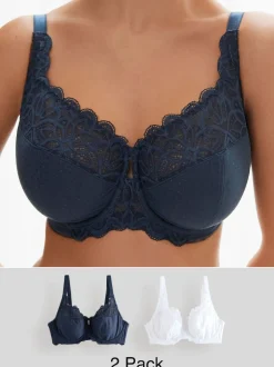 Navy/White DD+ Non Pad Full Cup Modal & Lace Bras 2 Pack