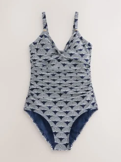 Navy/White Fan Print Shaping Tummy Control Swimsuit