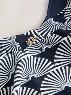 Navy/White Fan Print Shaping Tummy Control Swimsuit