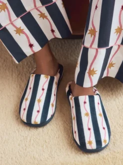 Navy/White Stripe Plush Mule Slippers
