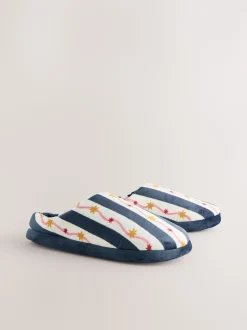 Navy/White Stripe Plush Mule Slippers