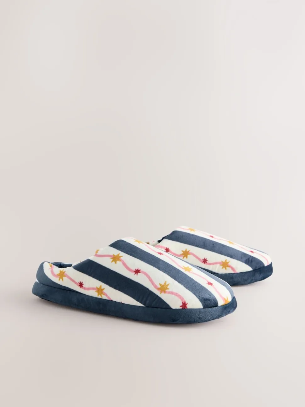 Navy/White Stripe Plush Mule Slippers