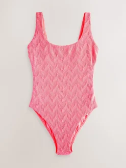 Neon Coral Pink Textured Scoop Neck Tummy Control Swimsuit