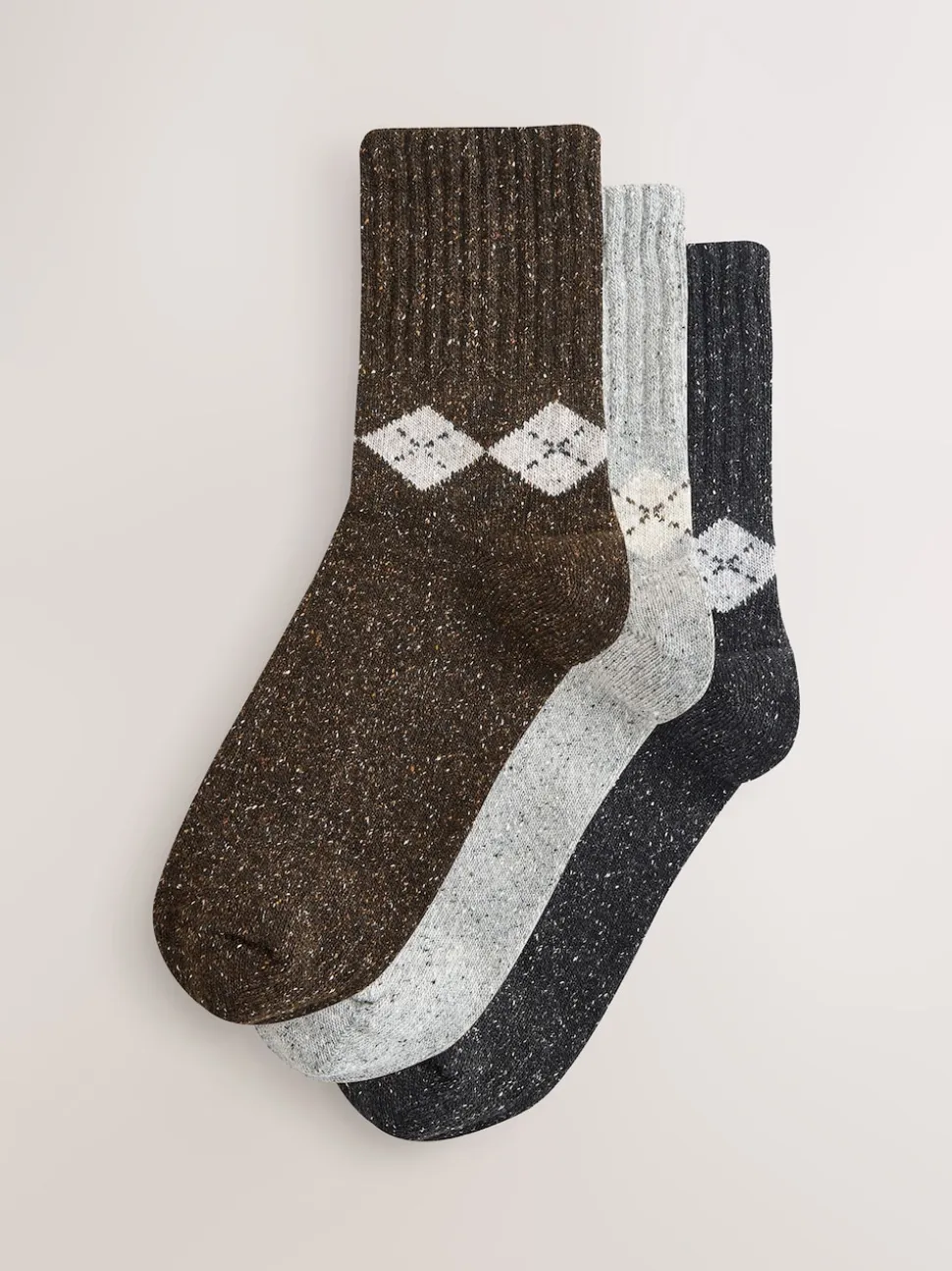 Neutral Argyle Thermal Wool Blend Ankle Socks 3 Pack With Silk